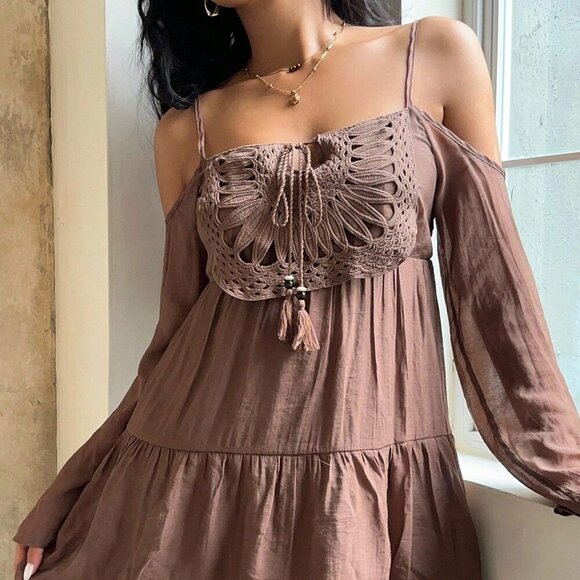 Brown Casual Women's Knitted Colorblock Off-Shoulder Long Sleeve Mini Dress - Picture 4 of 7